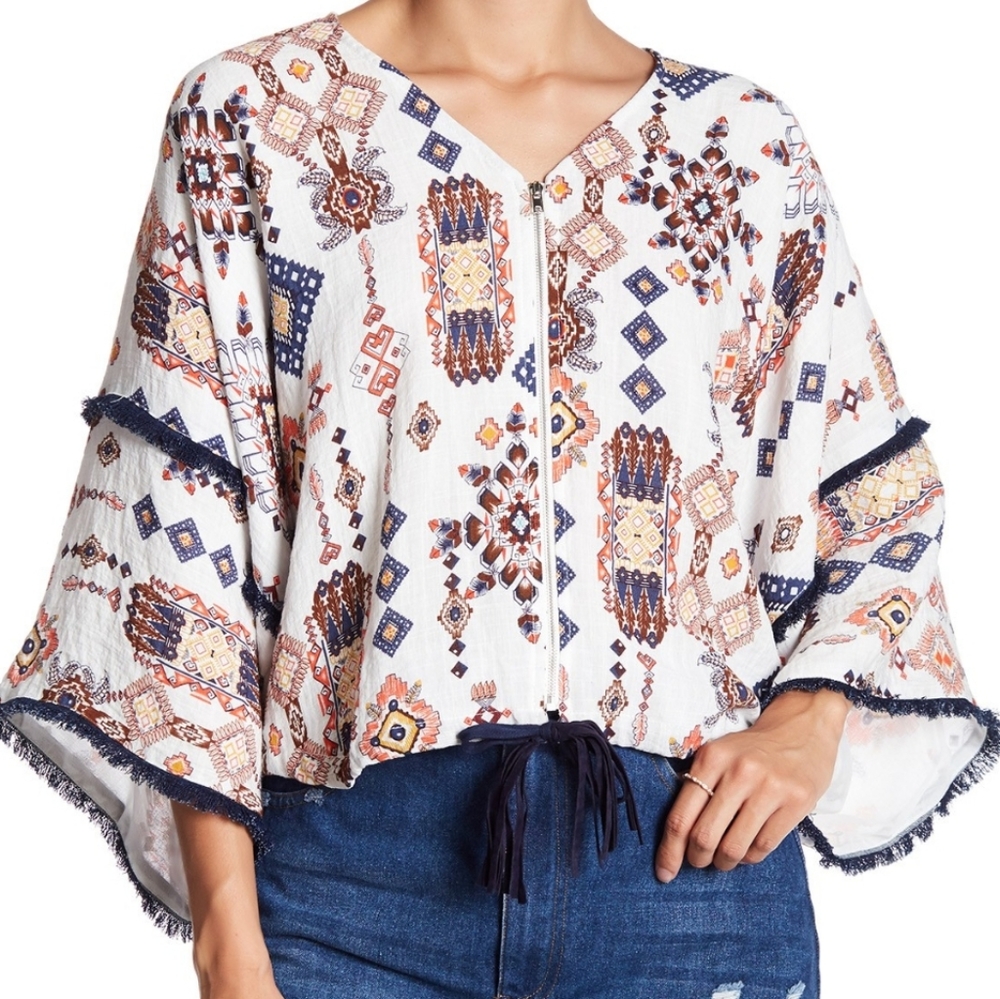 Boho Printed Zip-Front Peasant Top - White & Navy